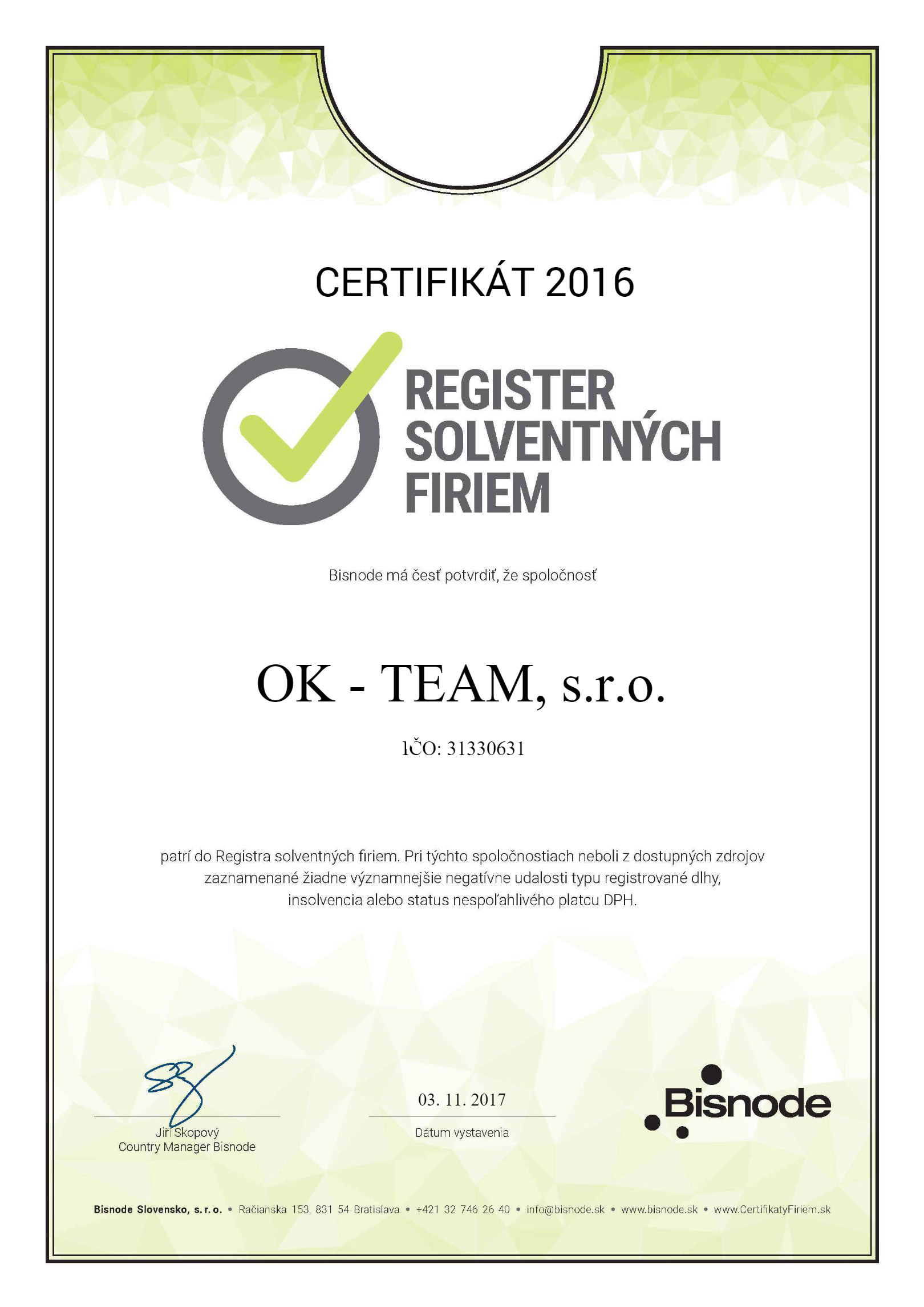 Certifikát Bisnode 2016