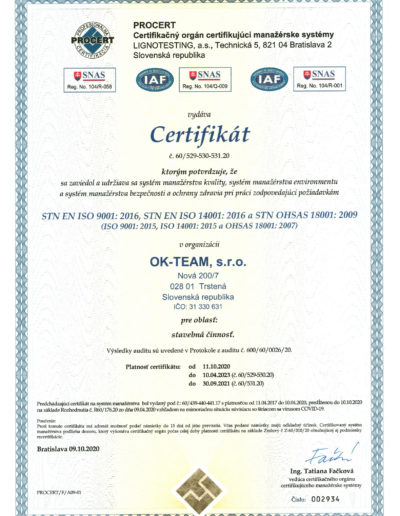 Certifikát Kvality OK-Team 1