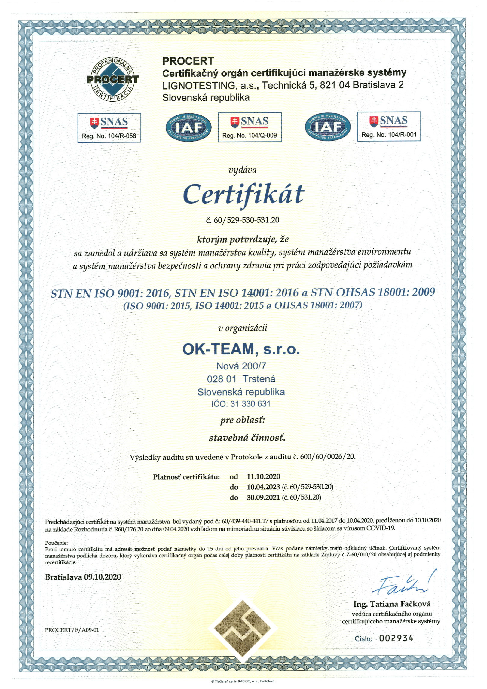 Certifikát Kvality OK-Team 1