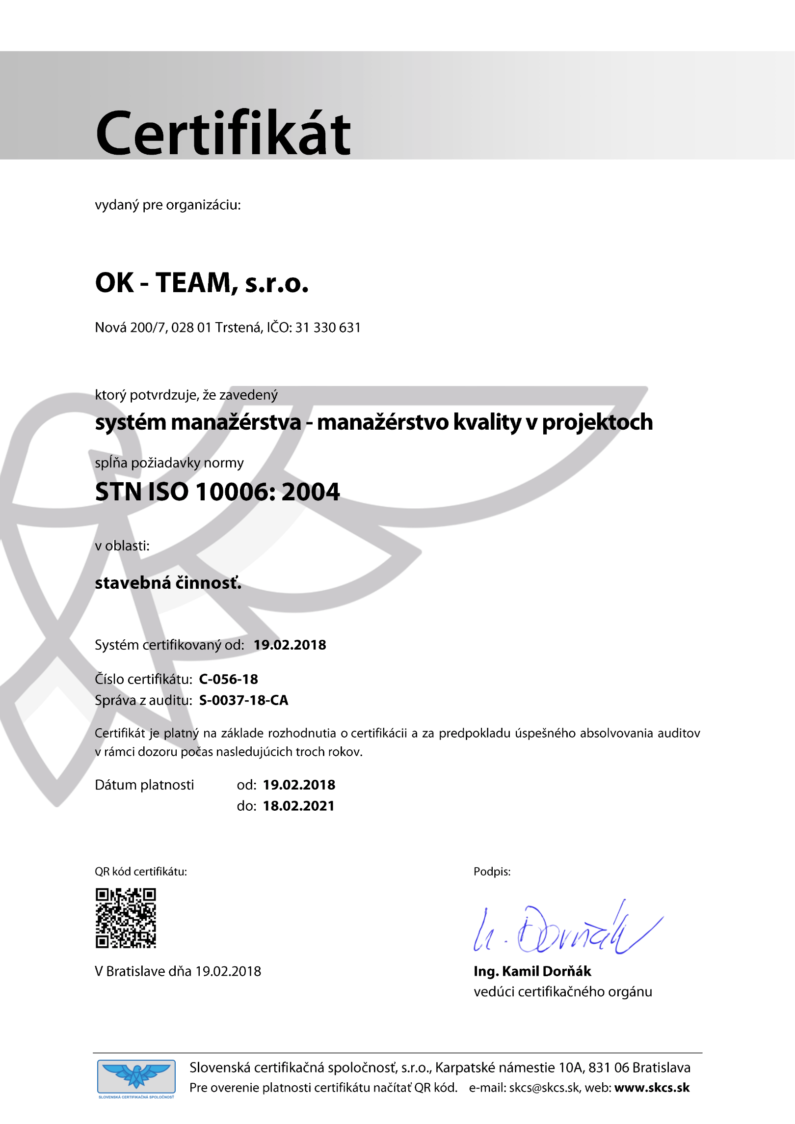 Certifikát Kvality OK-Team 2